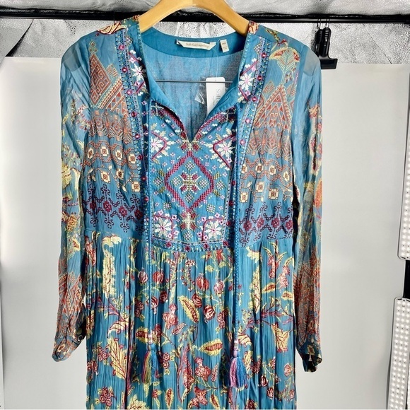 NWT Soft Surroundings Blue Mirapani Chiffon Boho Embroidered Maxi Boho Dress - Picture 9 of 11